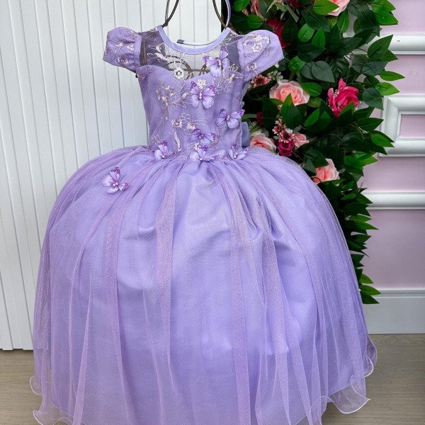 Vestido Vila Lele Longo Jardim Encantado Borboletas Lilas