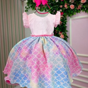Vestido Ysa Kids Tematico Sereia – Fundo do Mar Rosa