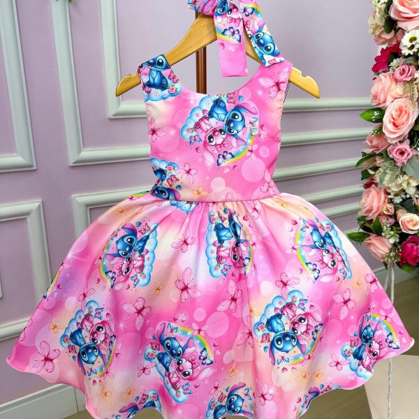 Vestido Tematicos Kids Stitch e Angel Rosa